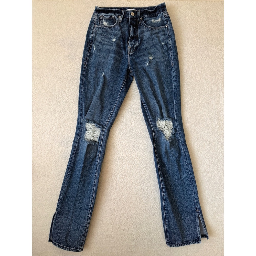 Good American Good Boy Boyfriend Jeans Womens 0 Blue Medium Wash Distressed Rips